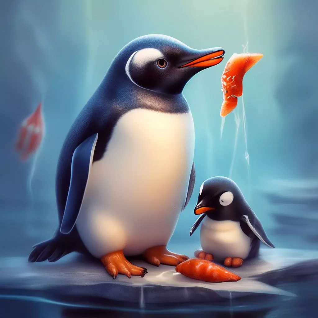 Cute penguin with his baby eating