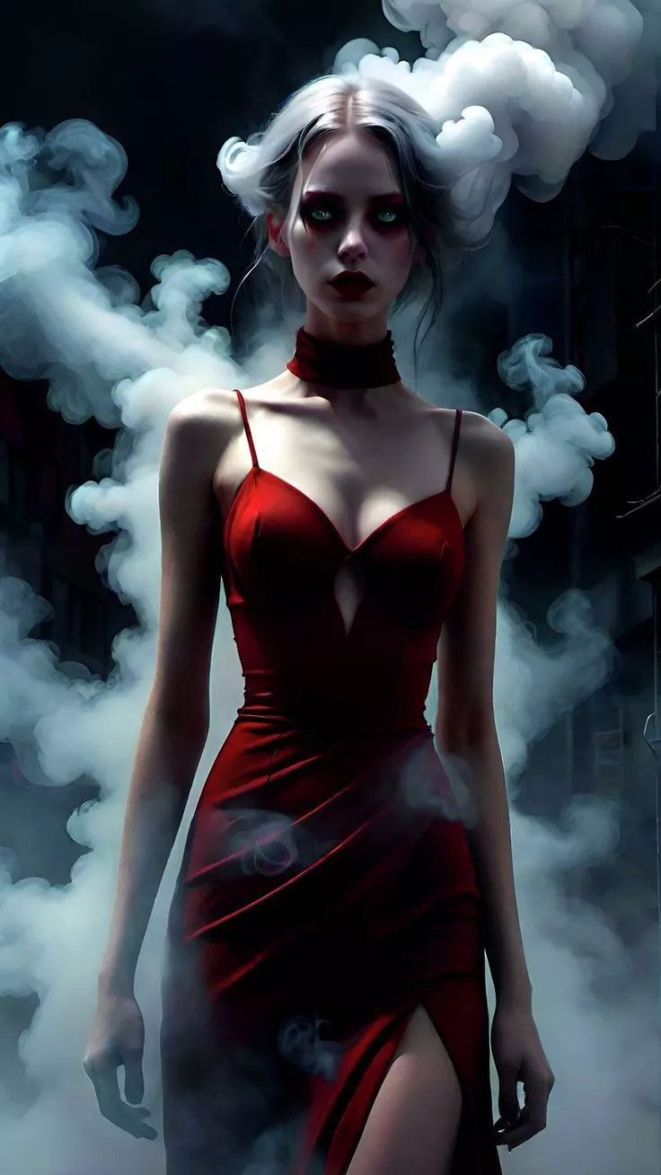free wallpaper 4K girl, ghost, beautiful, dress, smoke, red, horror, ai, art for mobile and desktop