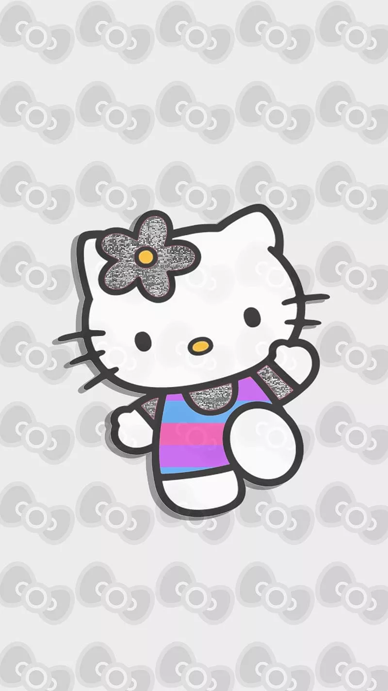 Cute Hello Kitty, Grey Bow Background