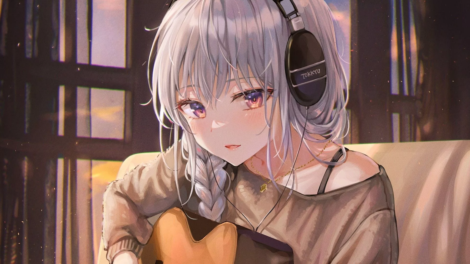 Headphones Playing Guitar HD Anime Girl