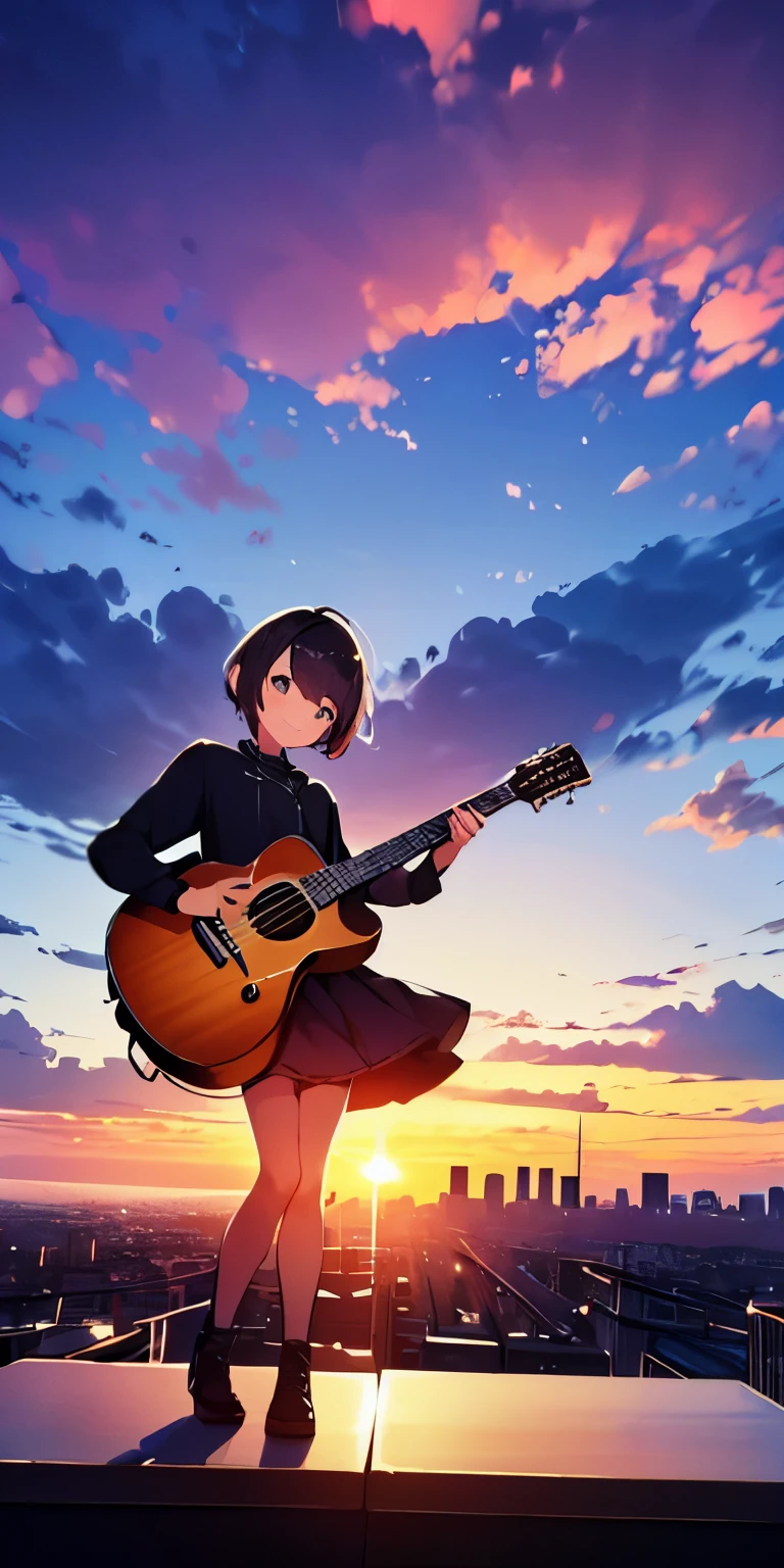 Anime girl with guitar on rooftop at
