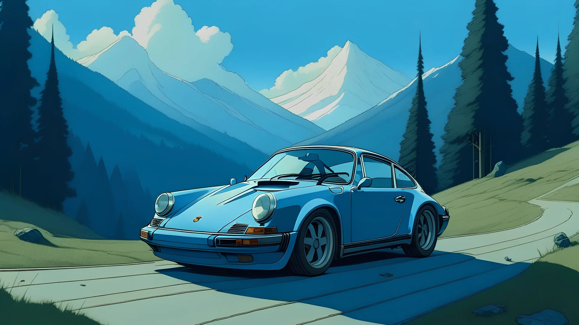 a porche 911, faded blue paint, drivi