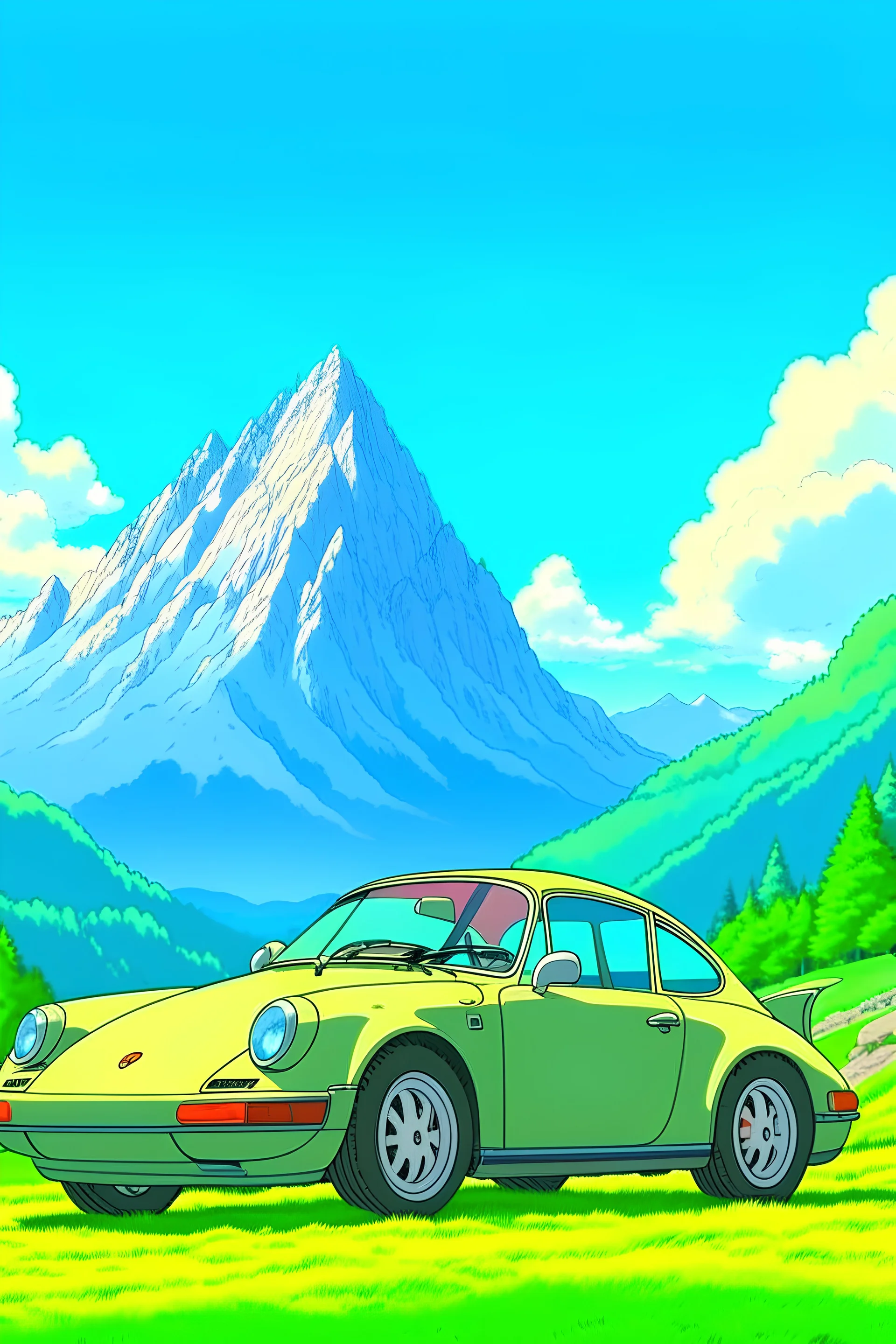 a porche car, mountains in the backgr