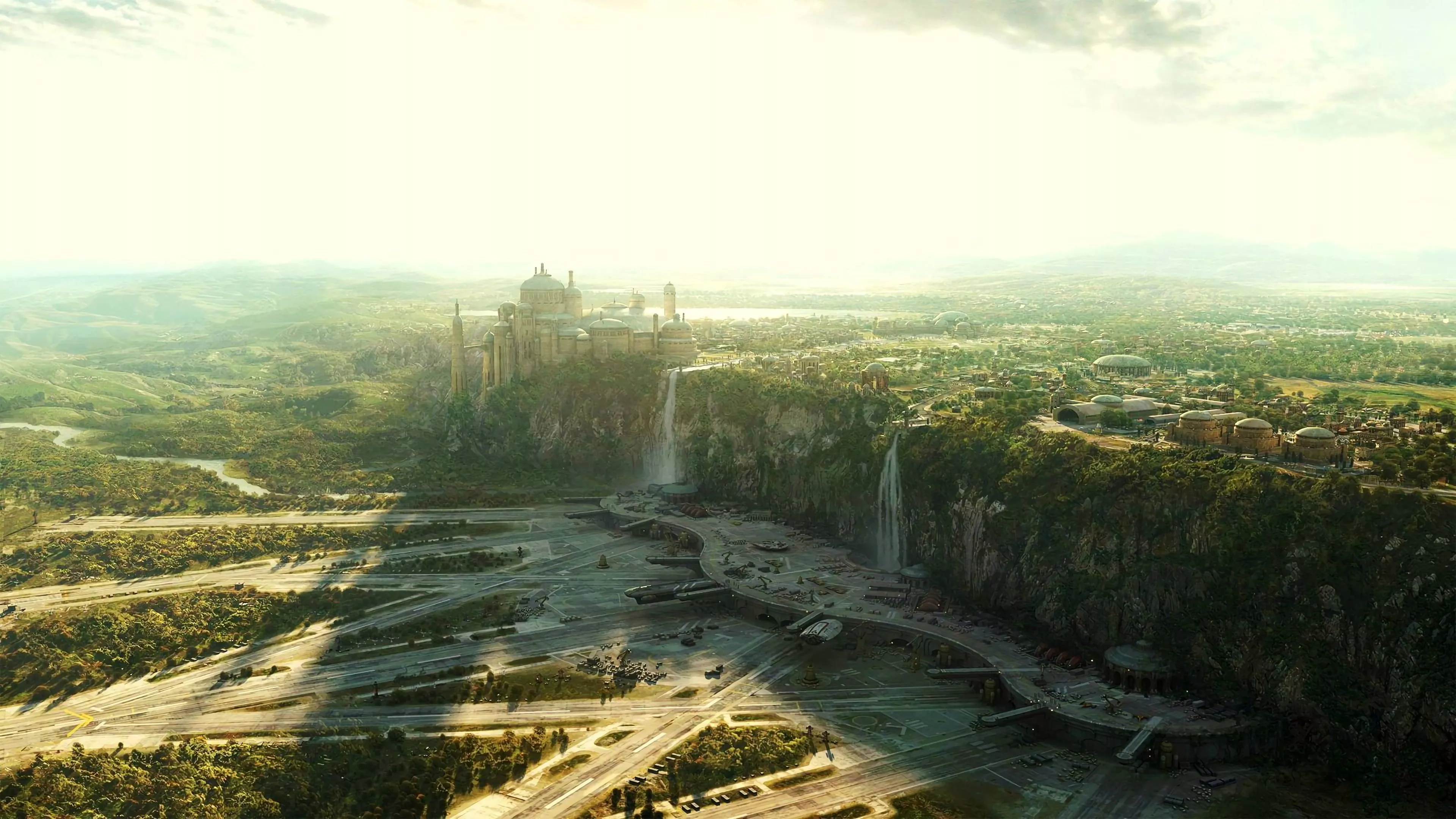 Aerial photography of castle on top of cliff near waterfall, landscape, Naboo, Star Wars, cliff HD wallpaper