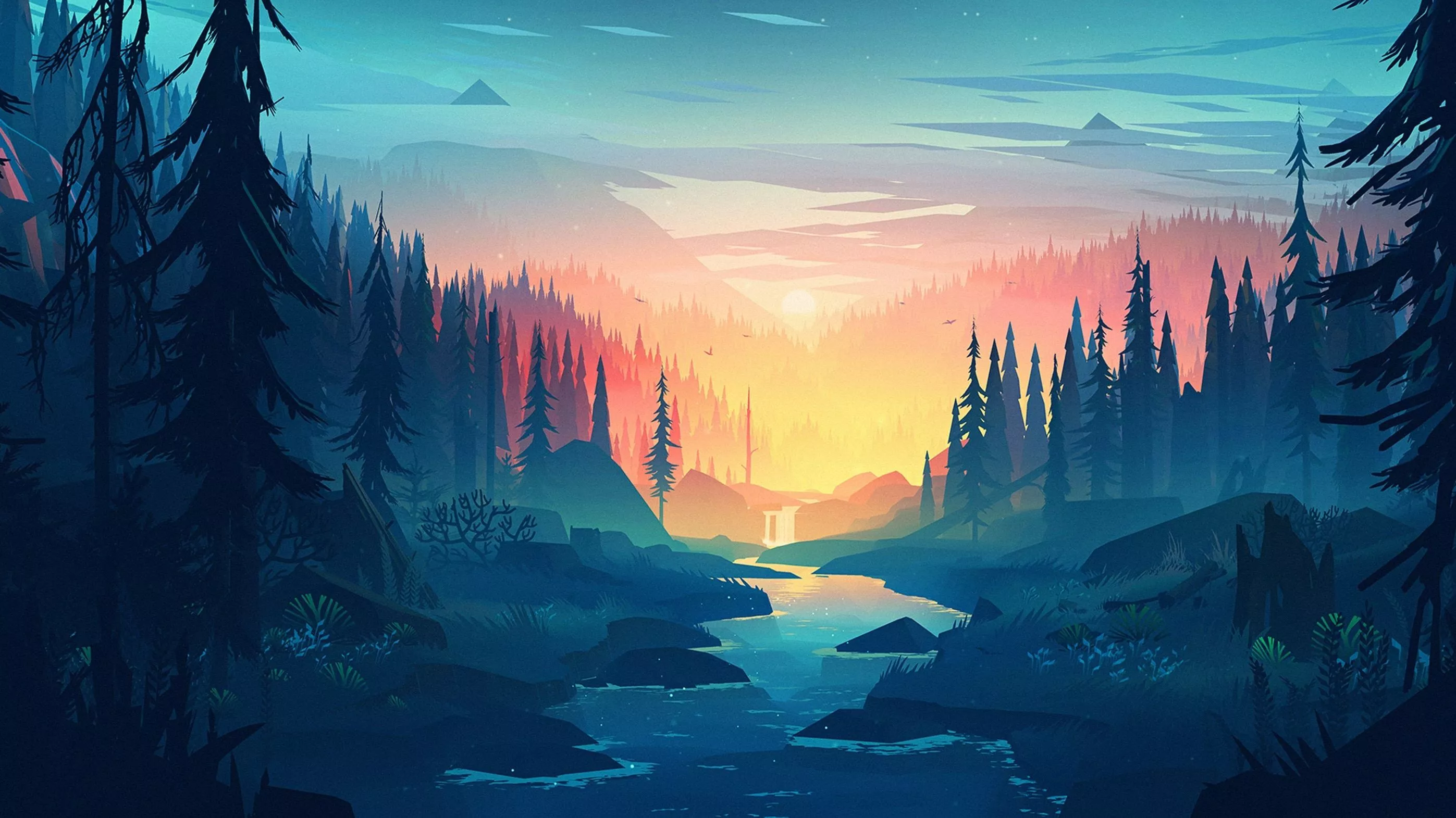 minimalist landscape- mountain and river 4k