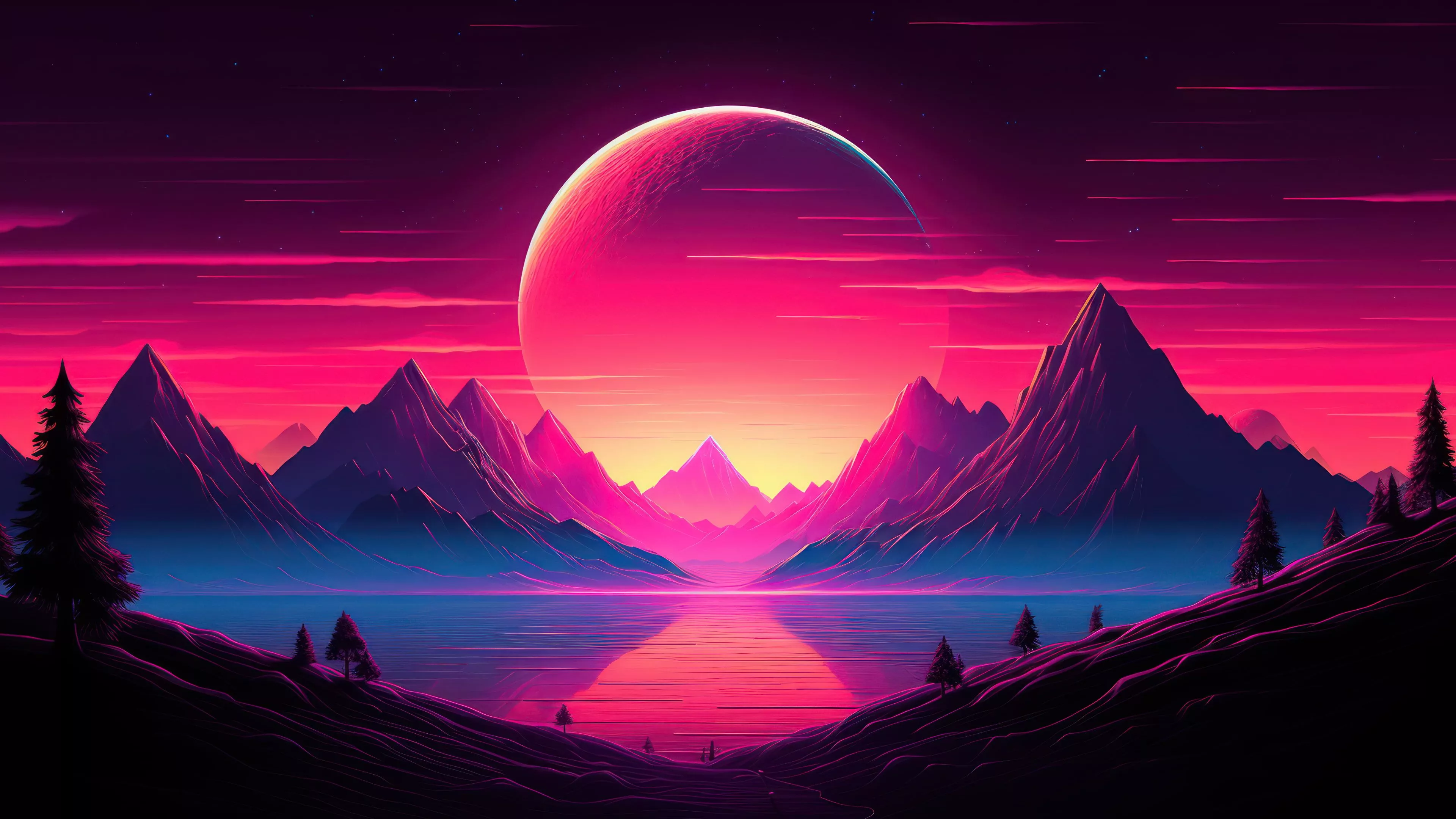 Retrowave Sunset Over Mountains 4K
