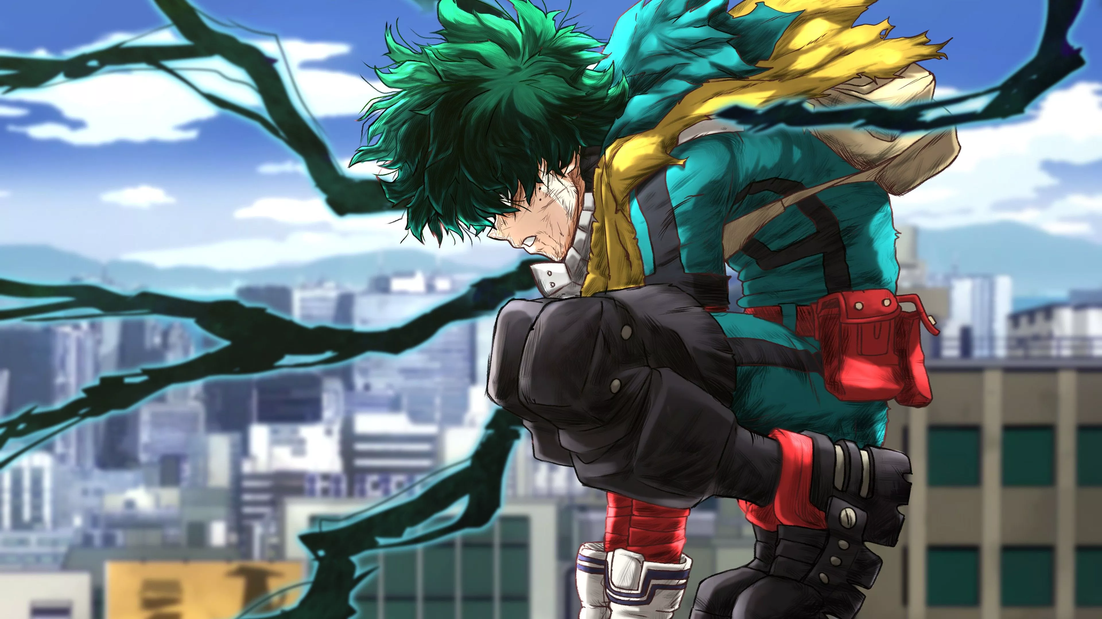 Izuku Midoriya On Building Top Blue Sky Background 4K HD My Hero Academia Wallpaper