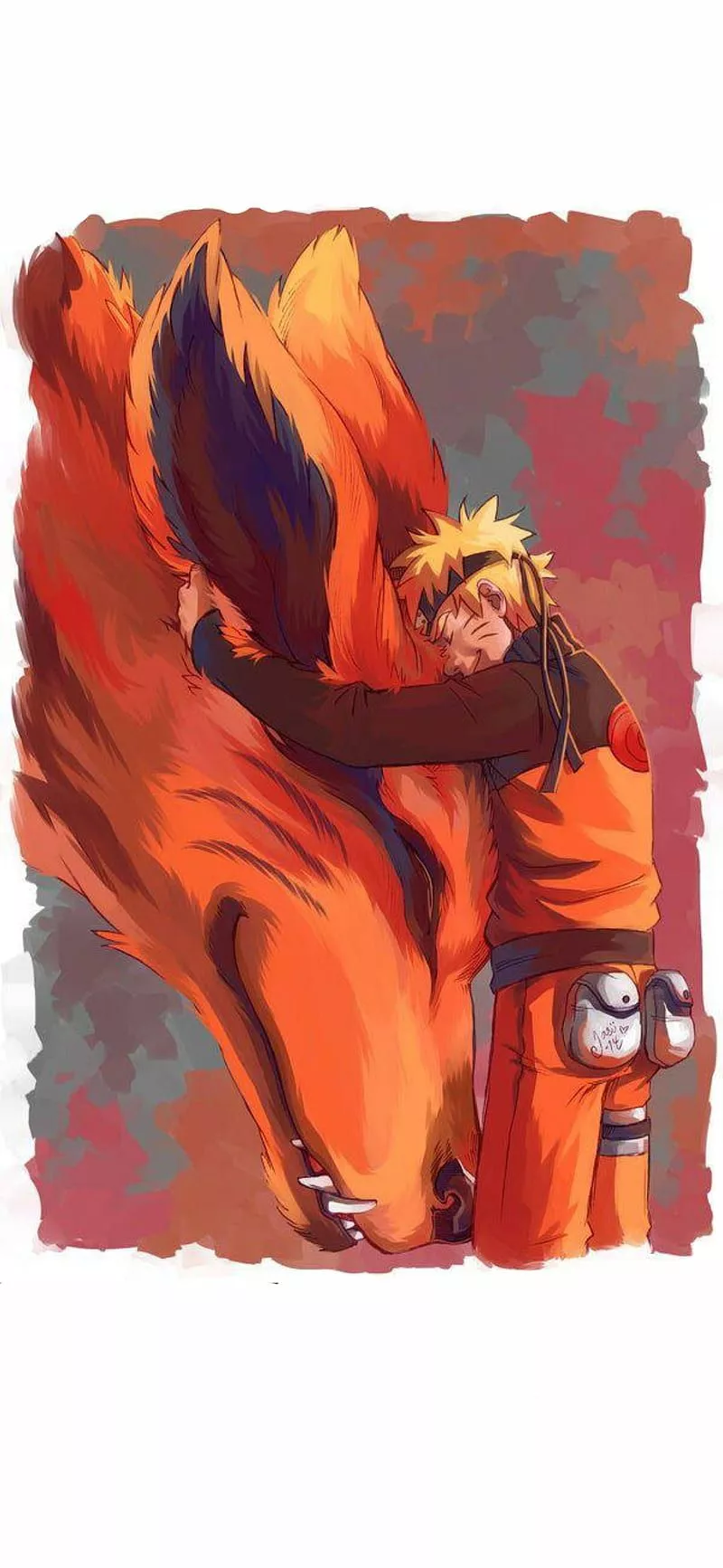 Naruto and Kurama, color, fox, friend