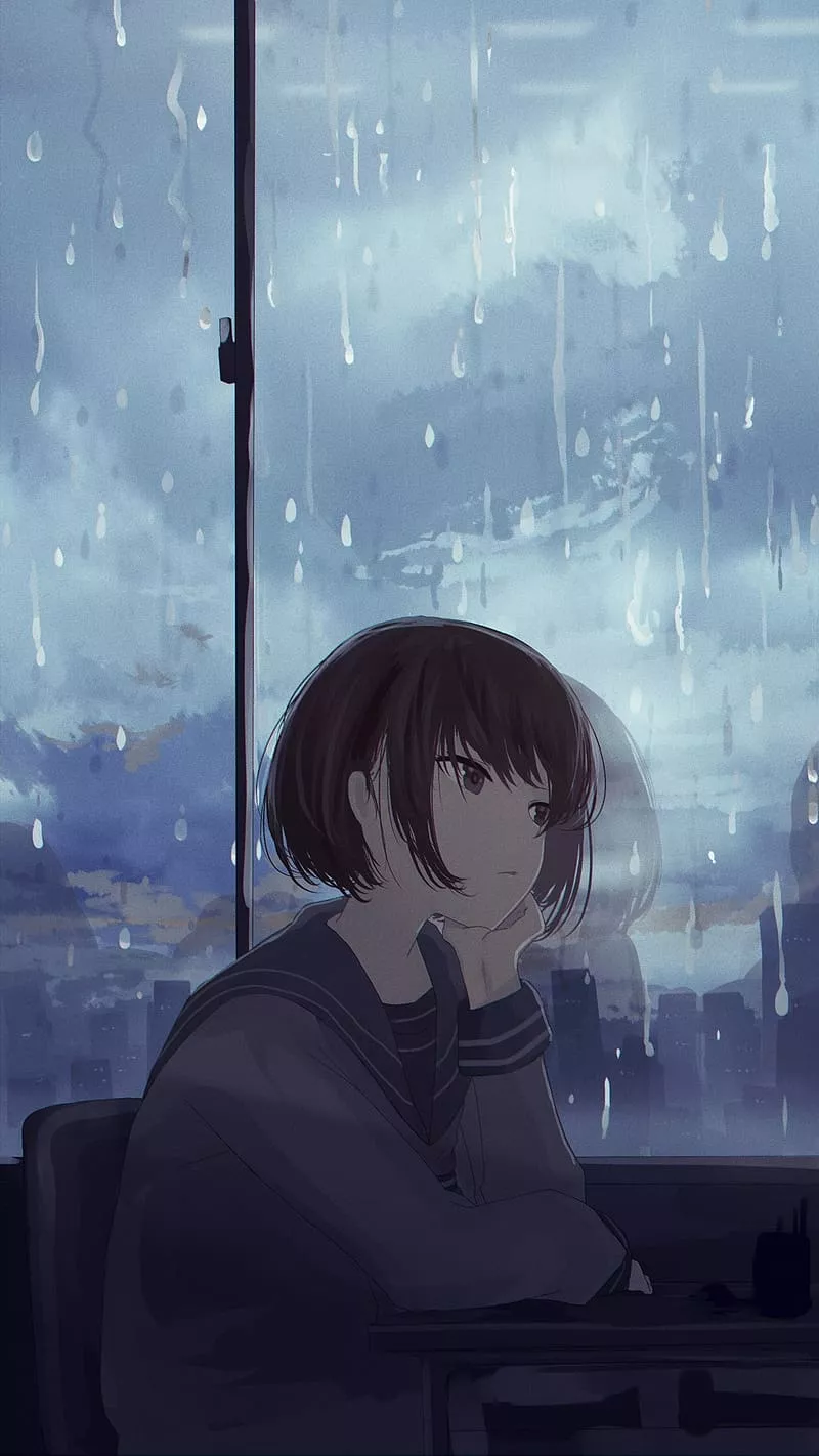 Anime Sad Girl, Sitting Besides Window