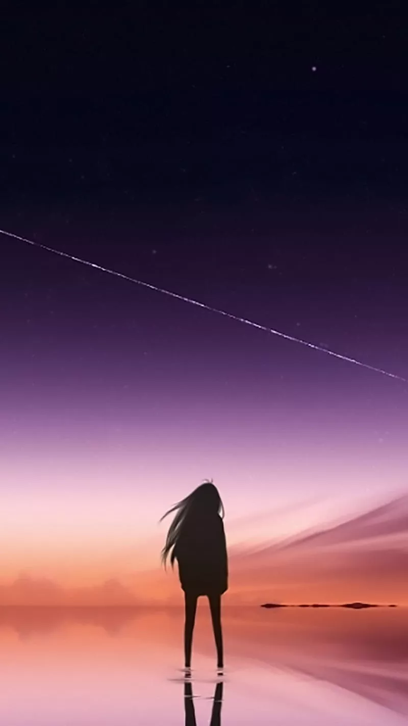 Solitude, alone, cute anime, feelings, girl, night, sad girl, sky, wish star, HD phone wallpaper