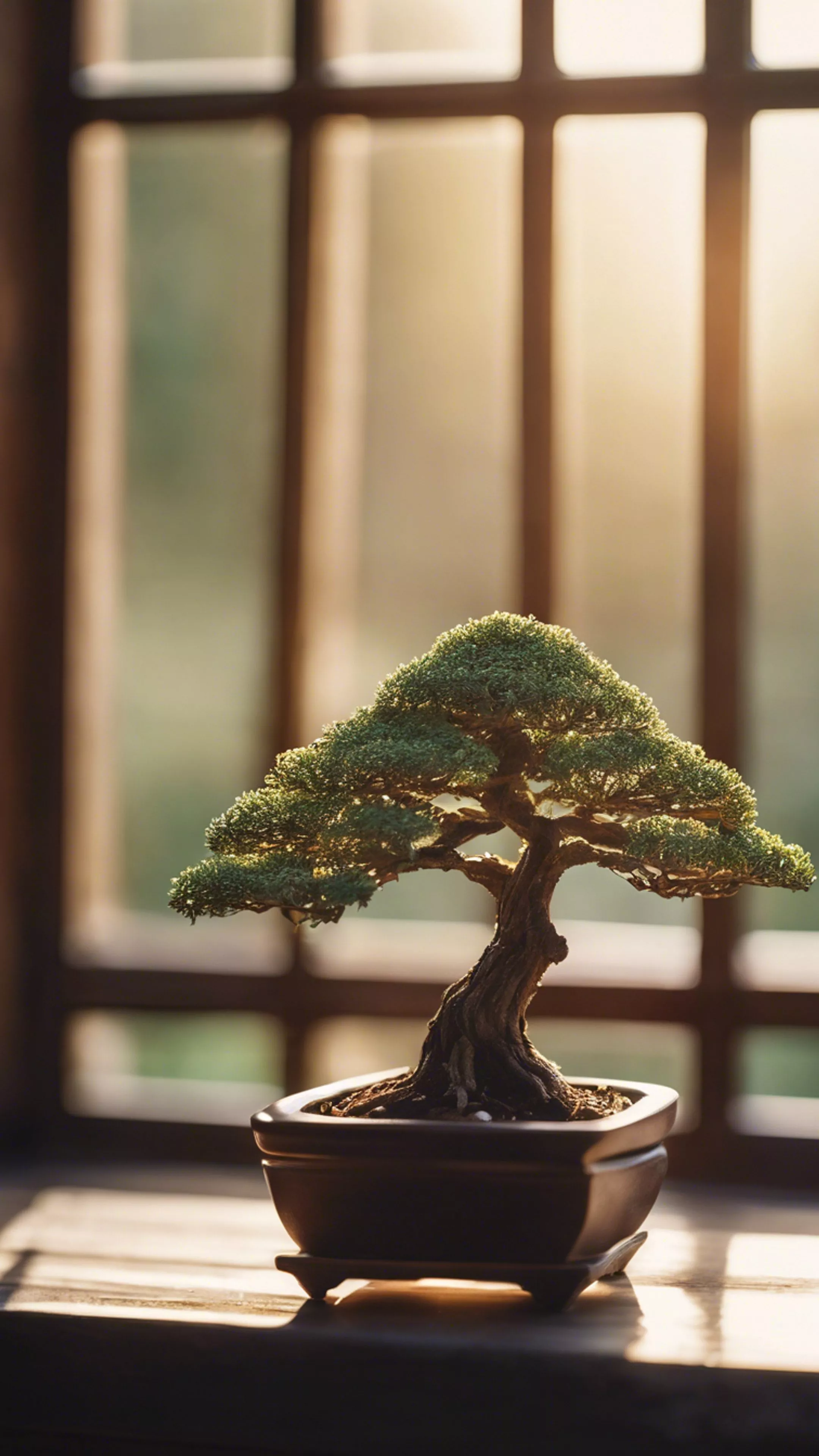 A tiny bonsai tree sitting peacefully