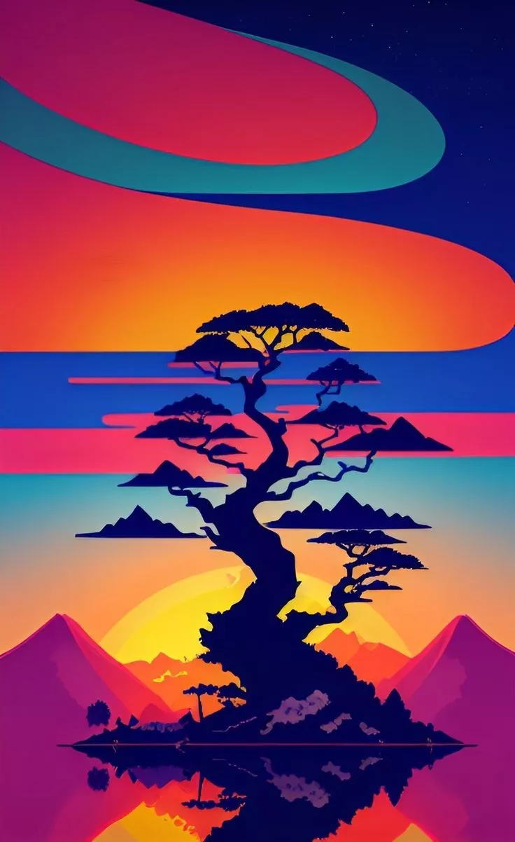 Beautiful landscape painting, sunset