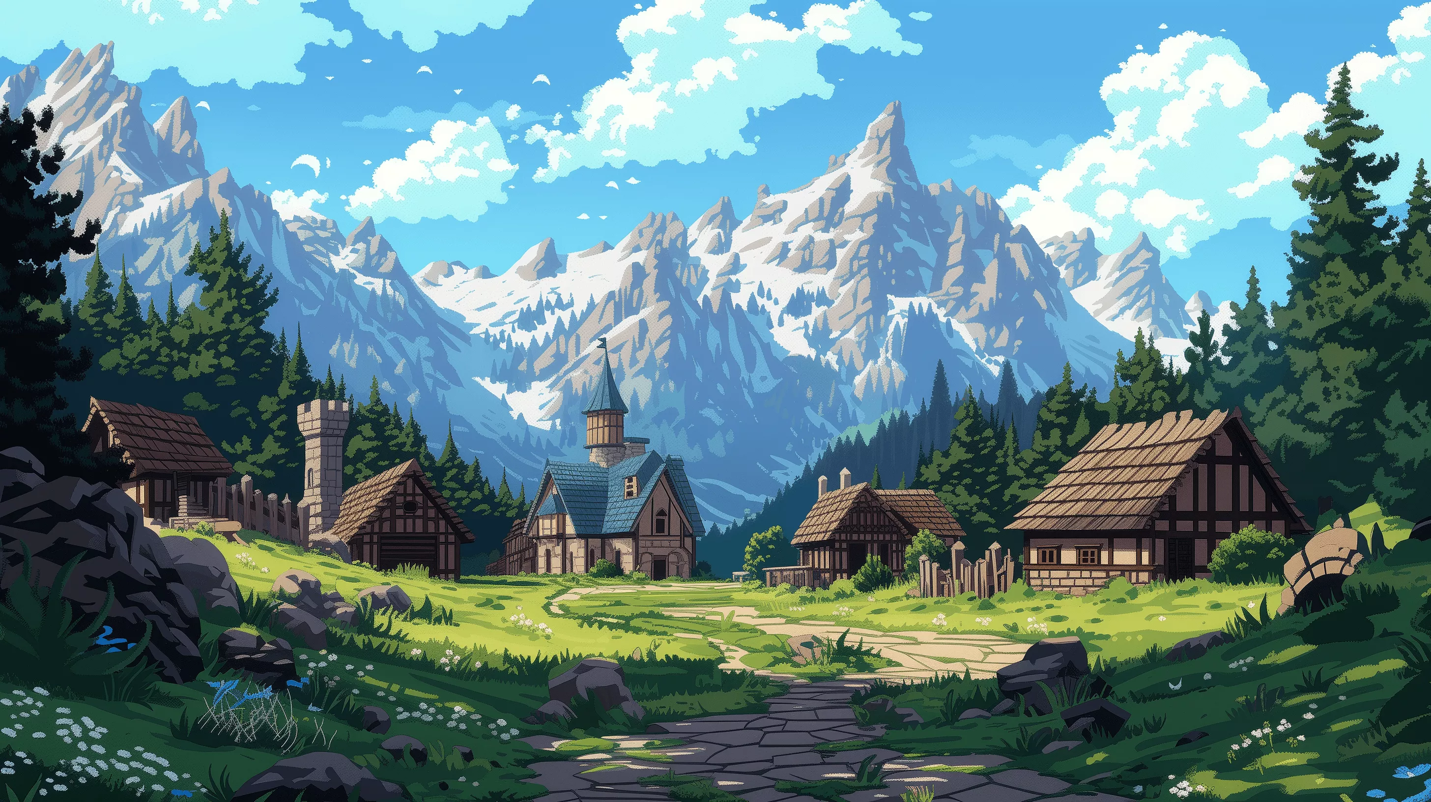 Pixel Art Mountain Village