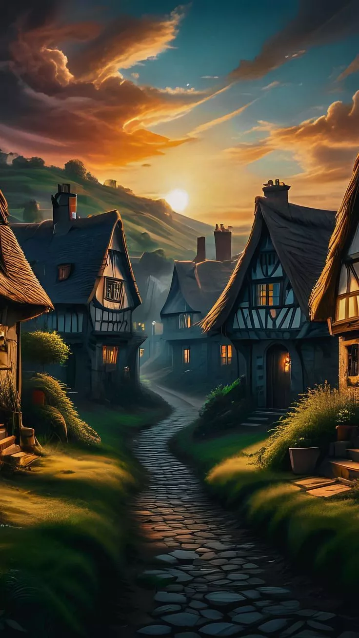 Wallpaper path, houses, village, sun