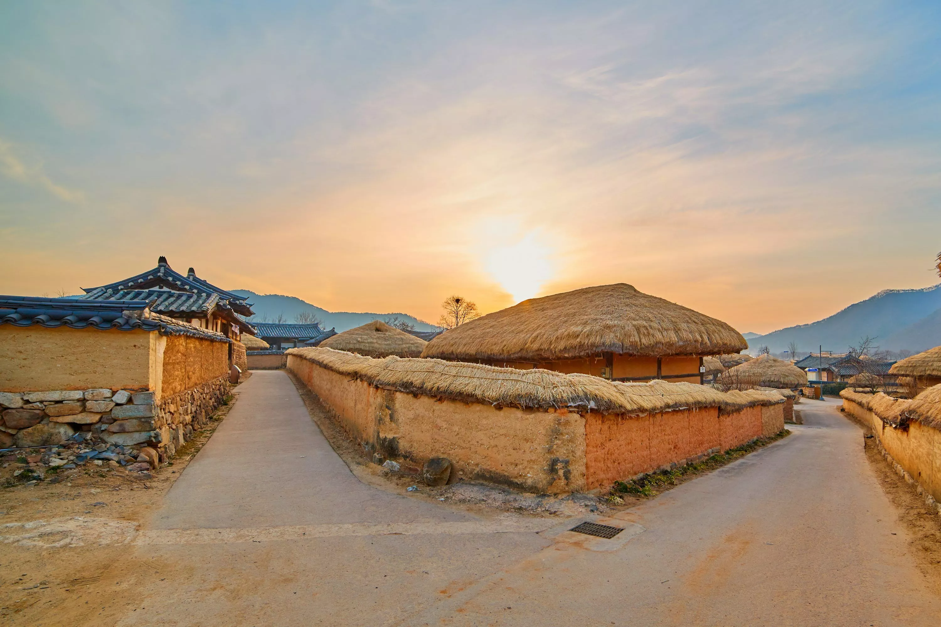 Landscape of village houses during dusk