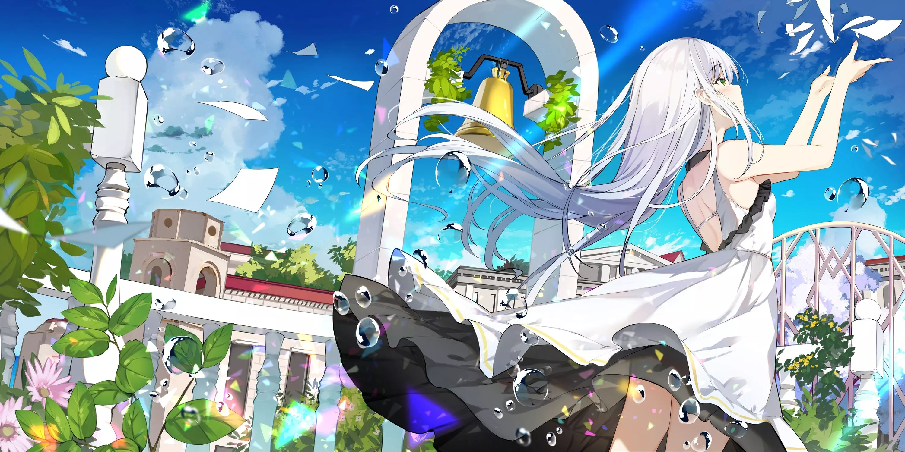 Ethereal Breeze: White Haired Anime Girl In Windy White Dress HD Wallpaper