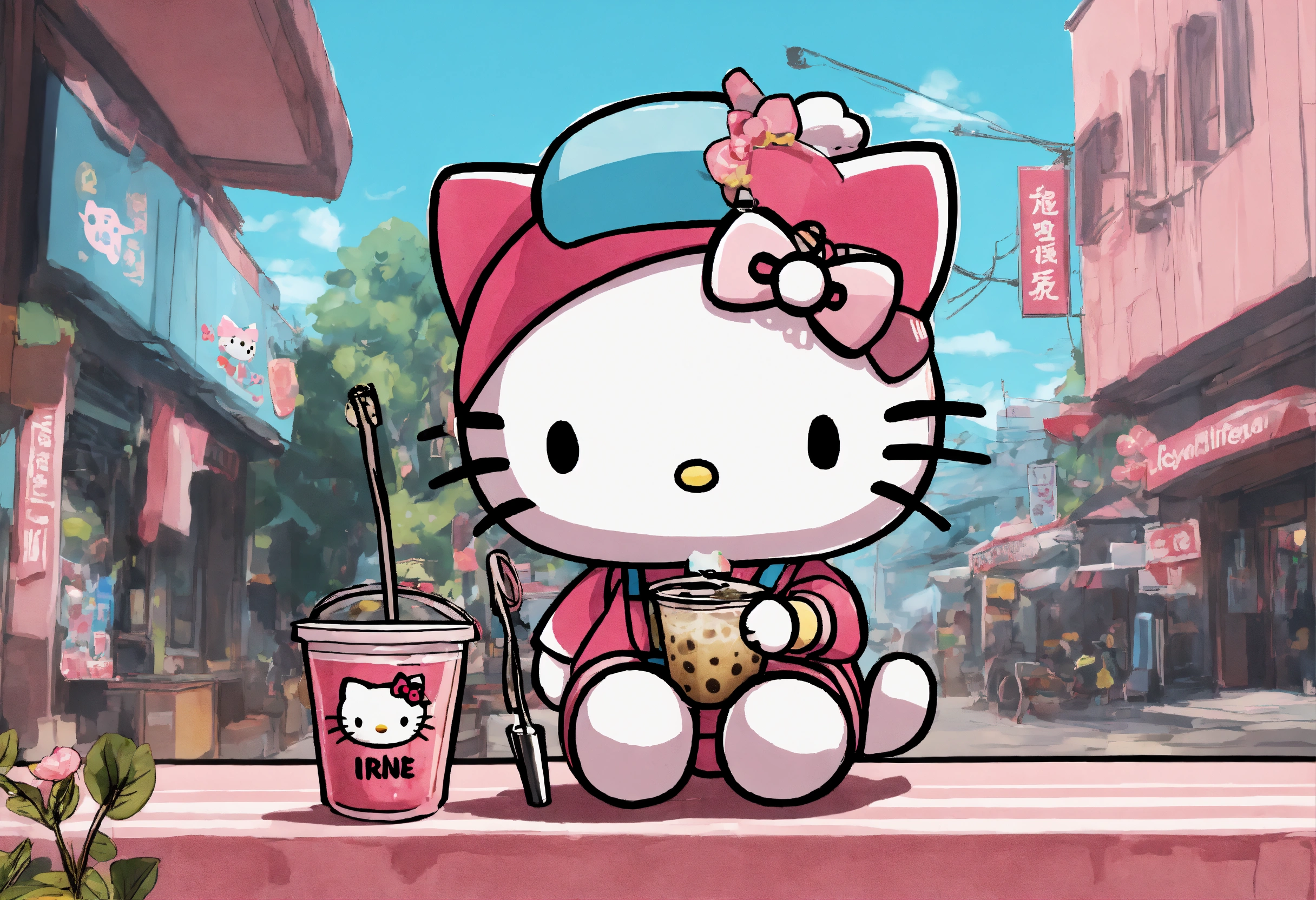 Hello Kitty drinking Boba tea