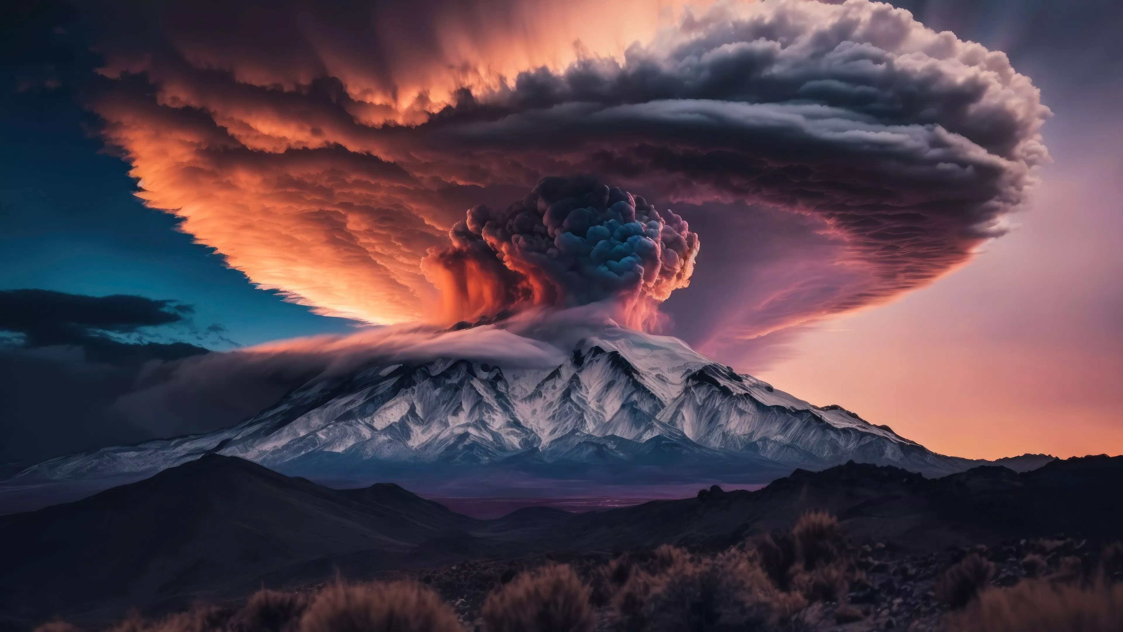 Volcano Wallpaper 4K, Eruption, Sunset