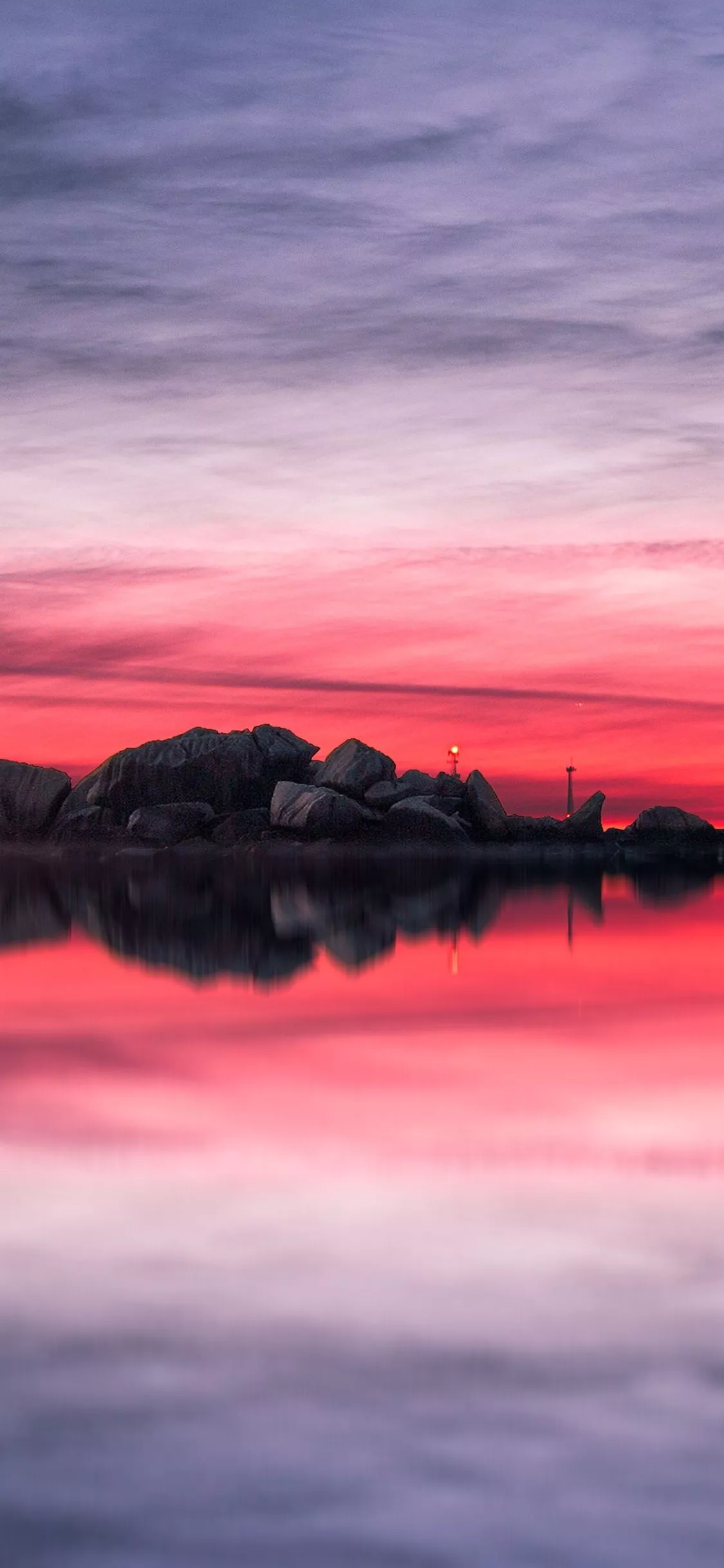 Sunset Wallpaper 4K, Rocks, Lake, Red