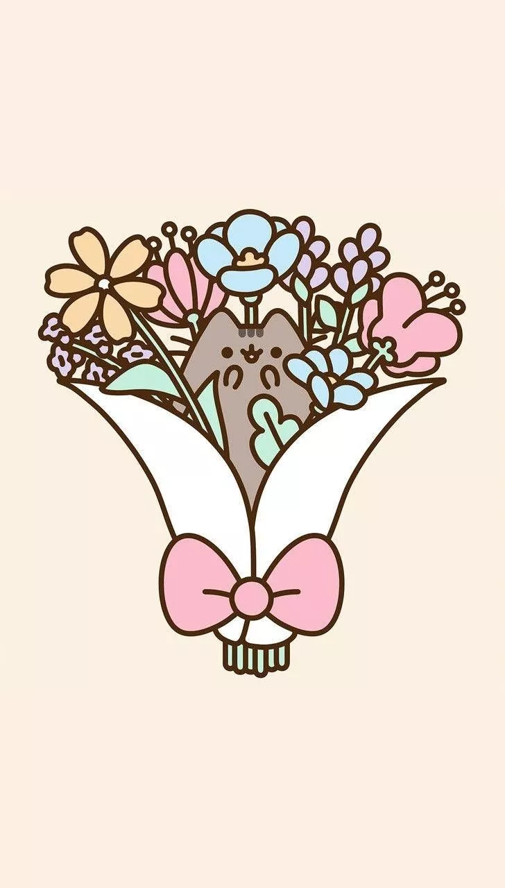 Kawaii Pusheen Cat In Bouquet Wallpaper