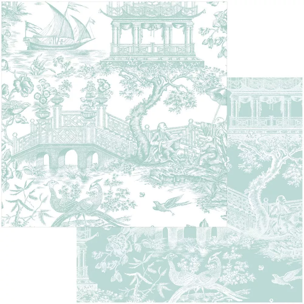 Caspari Chinoiserie Toile Reversible Gift Wrapping Paper in Robin's Egg x 8' Roll