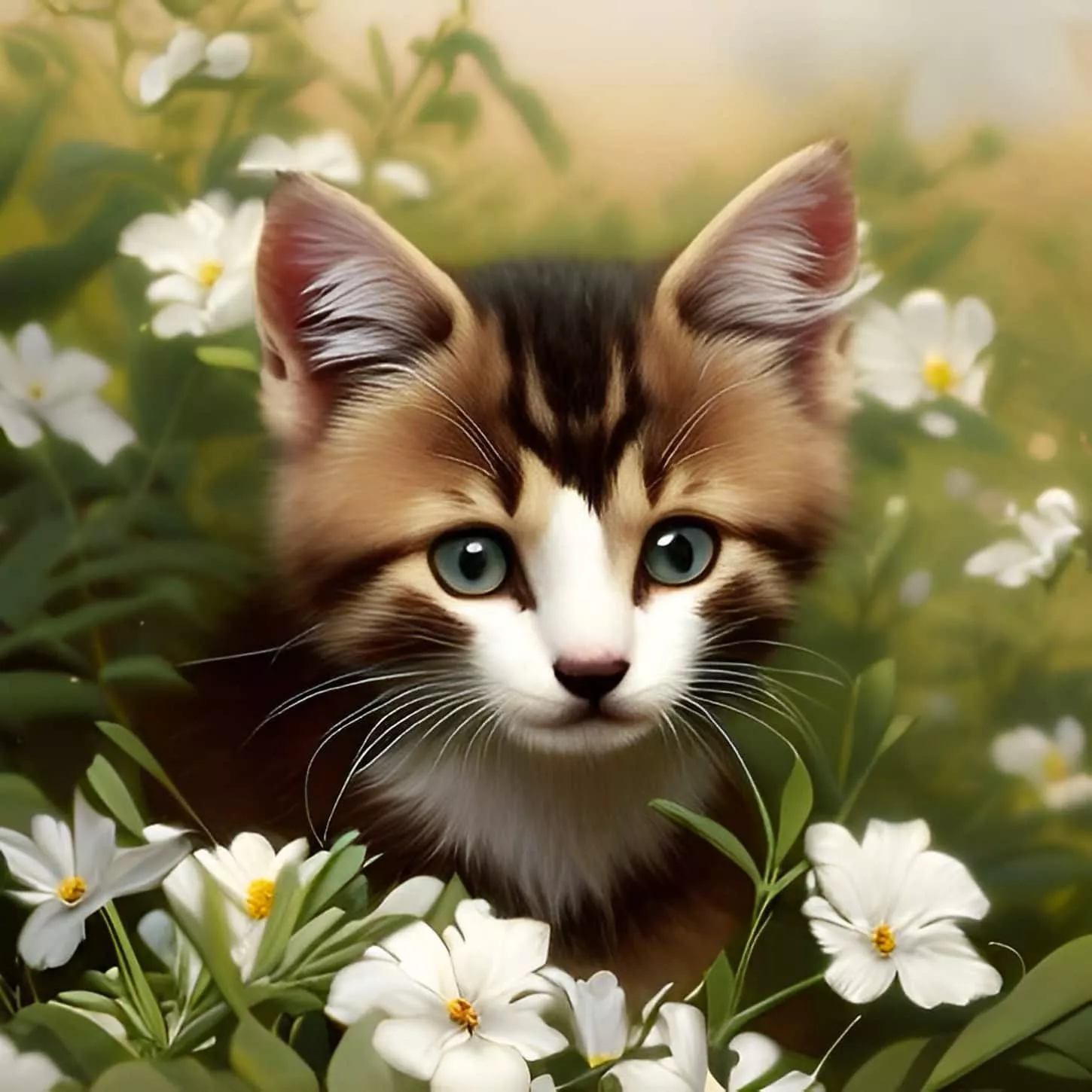 Brown kitten exploring a white flower
