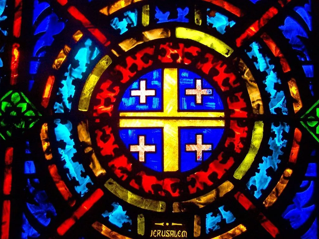 Jerusalem Cross. Stained glass at FCC