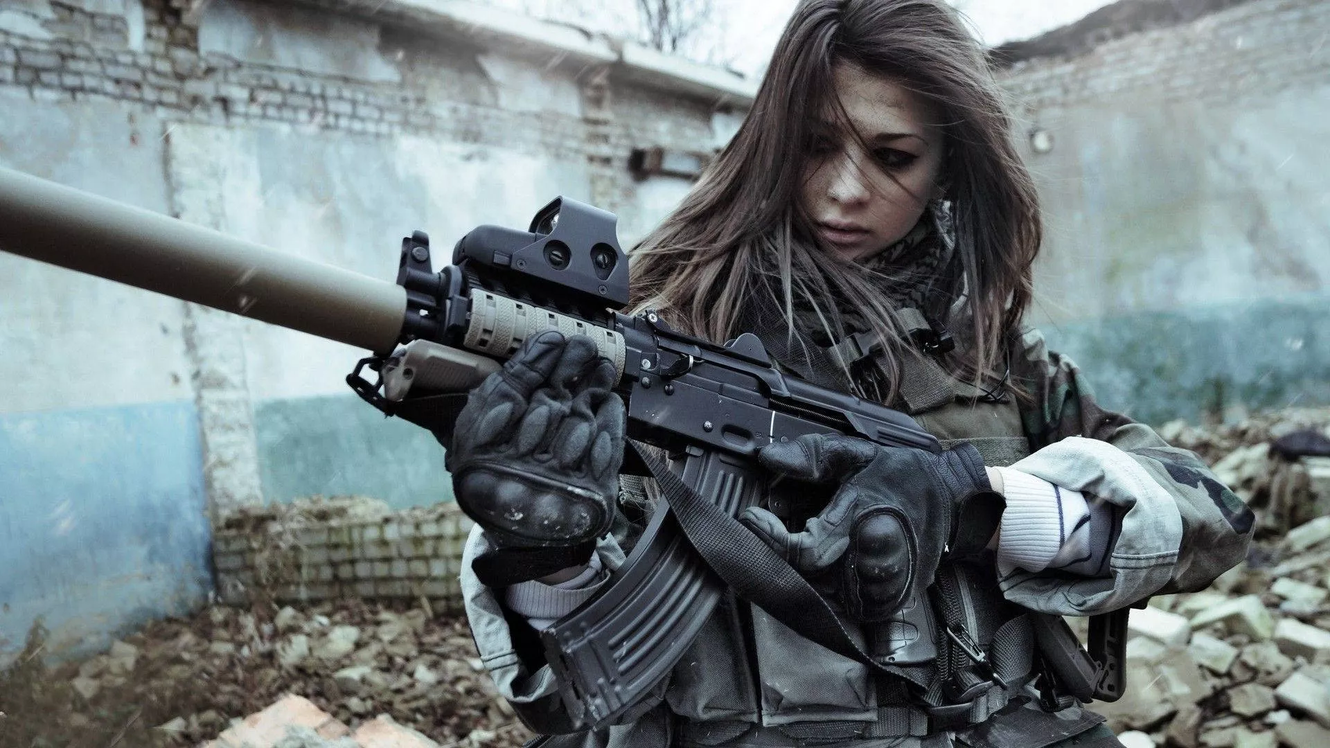 Military Woman Holding Assault Rifle