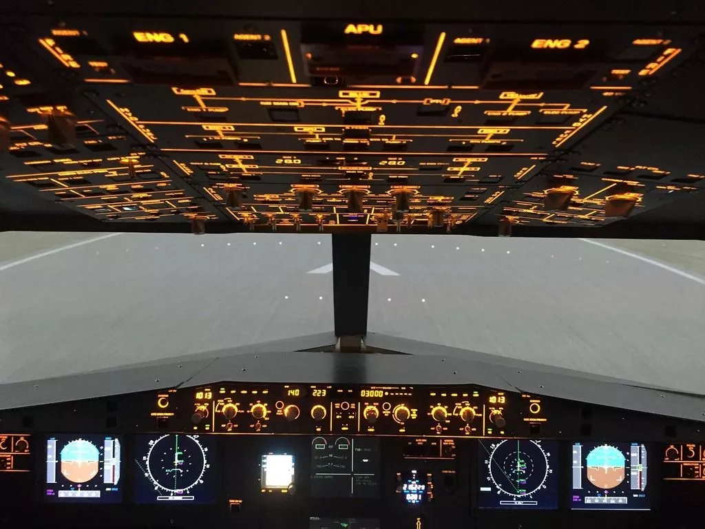 A view of the cockpit of a commercial