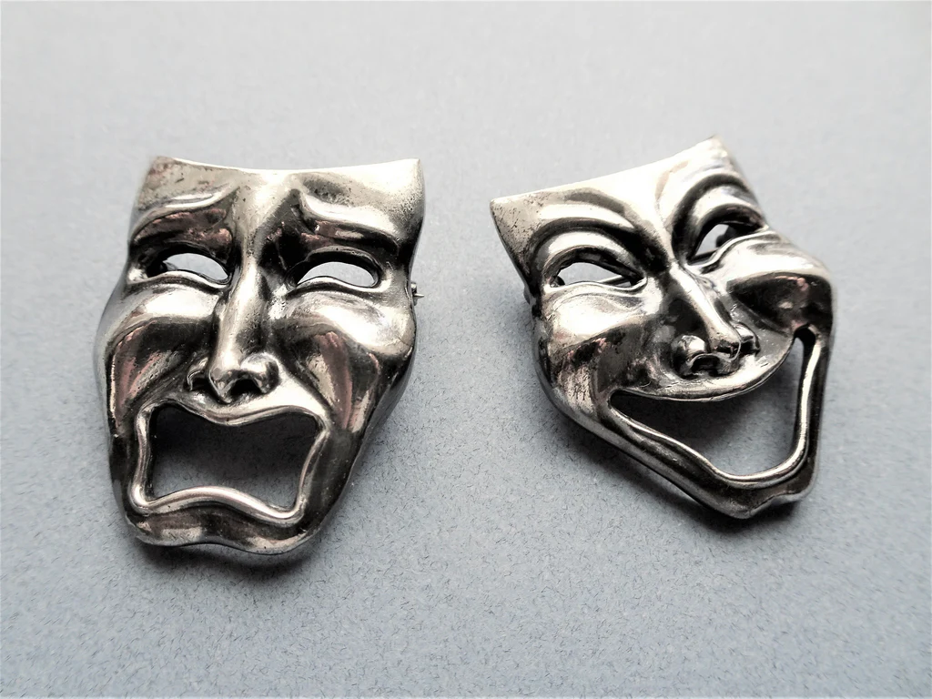 ART DECO Silver Theatre Mask Pins