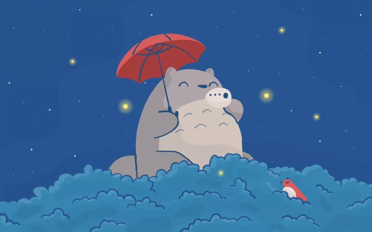 A peaceful scene inspired by My Neighbor Totoro. Nestled on a tranquil hill and serenading the night, this wallpaper brings true serenity to your desktop. Give your screen a starry makeover today!