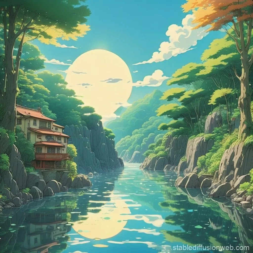 studio ghibli art style with sun
