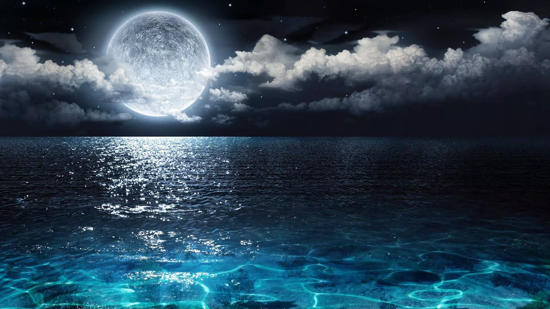 Download Beautiful Moon Over The Blue Ocean Wallpaper