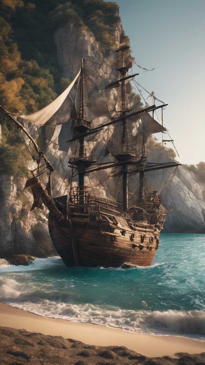 pirate ship sailing into a hidden cove