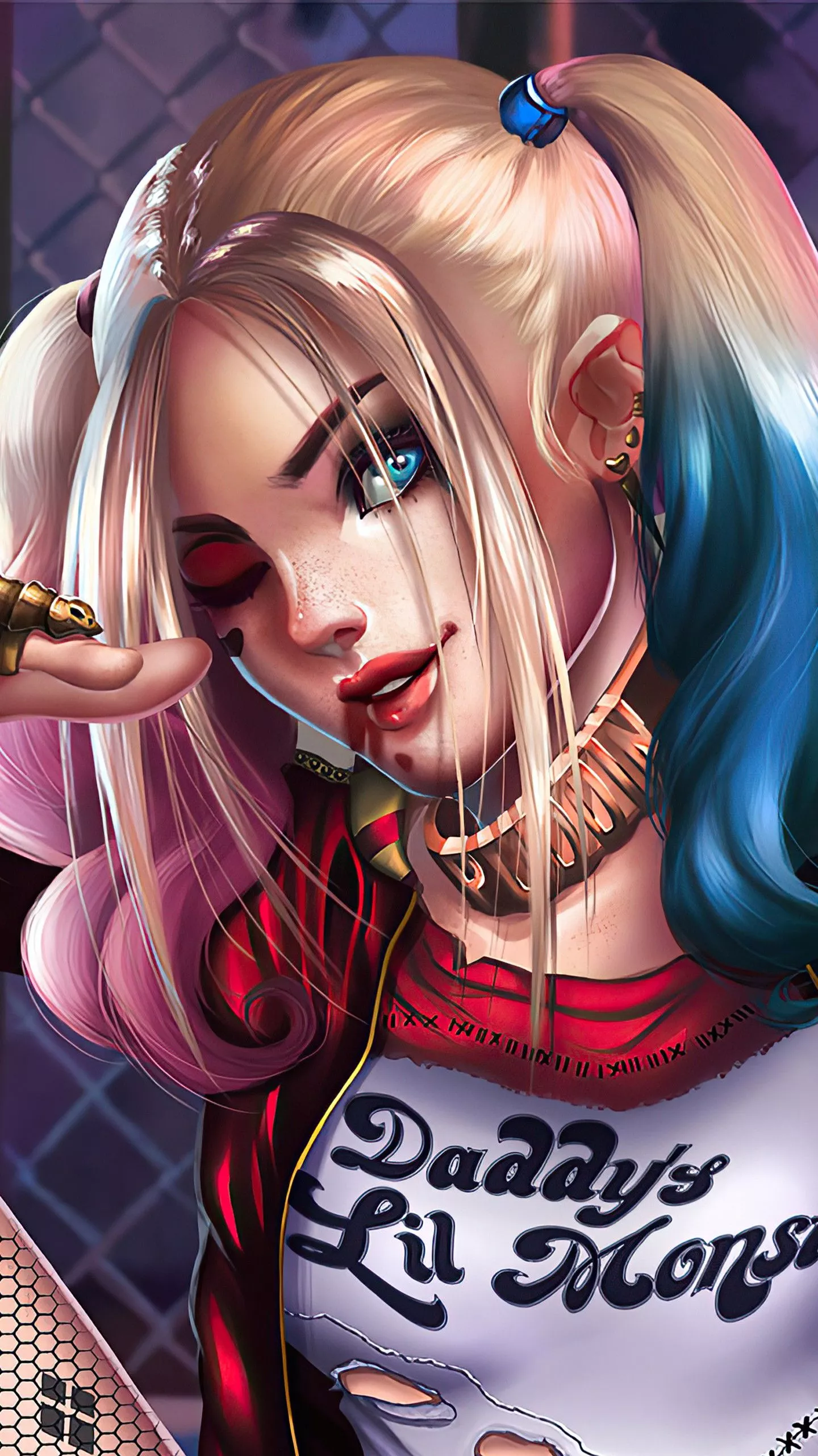 Harley Quinn Is Sitting In Front Of Net