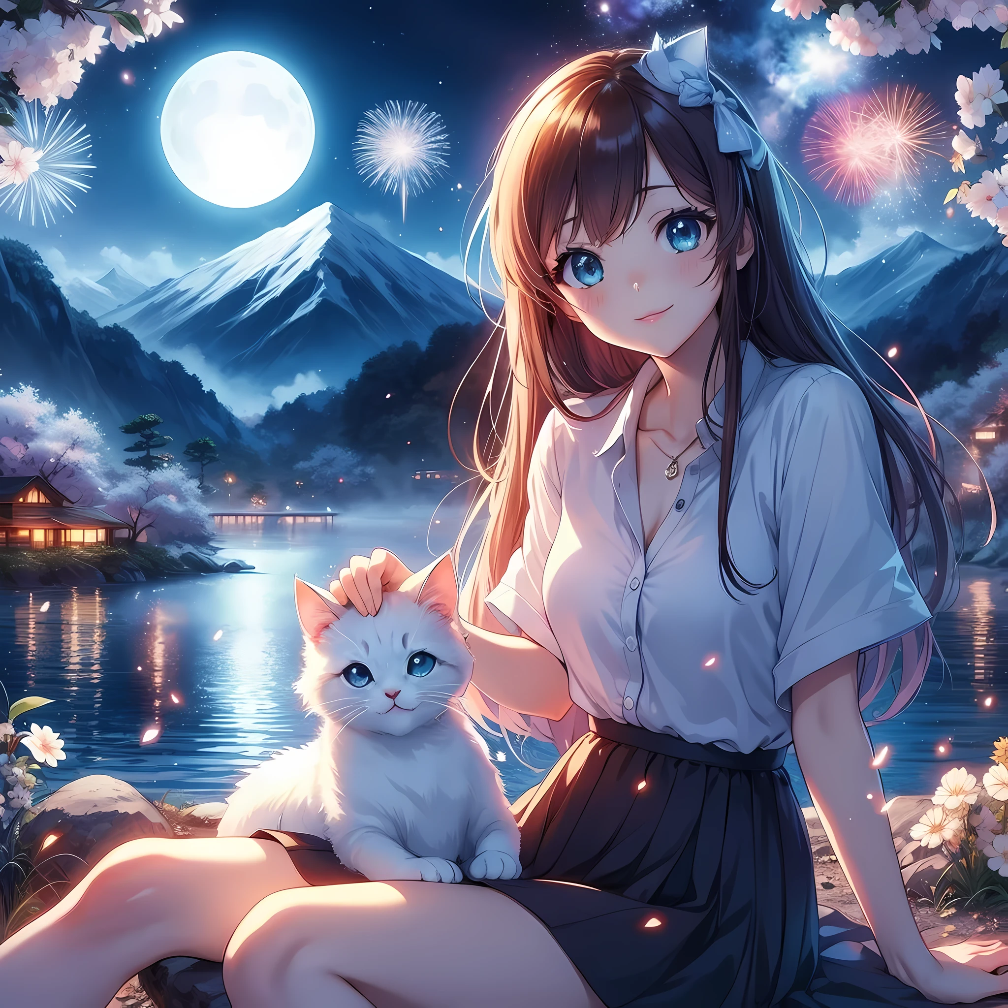 Anime girl with a cat sitting on a rock