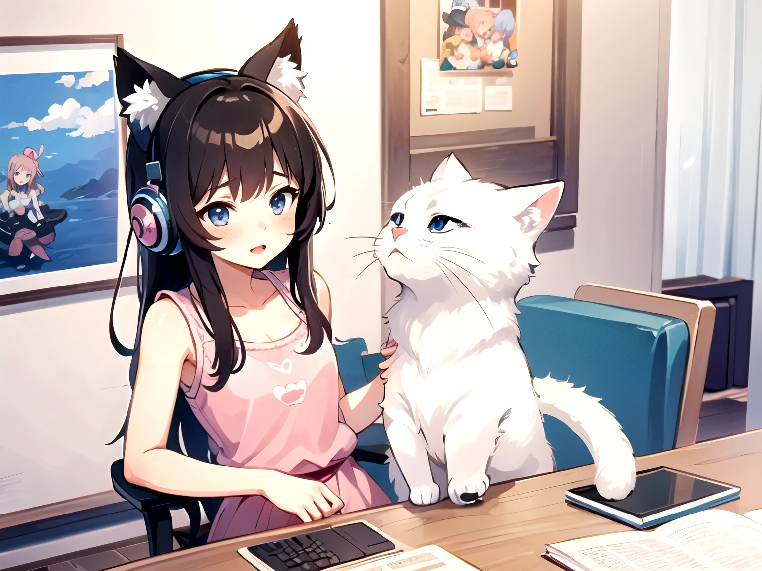 Anime girl sitting at a desk with a cat