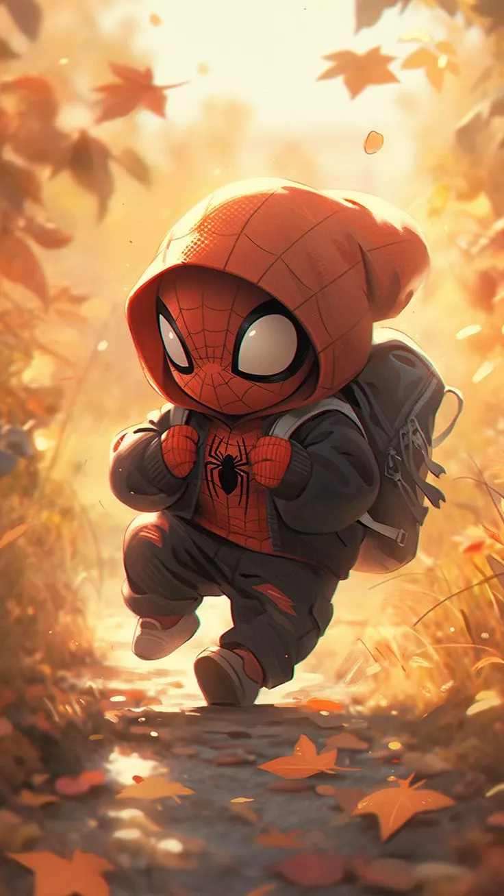 Chibi Spiderman Autumn Wallpaper 4K