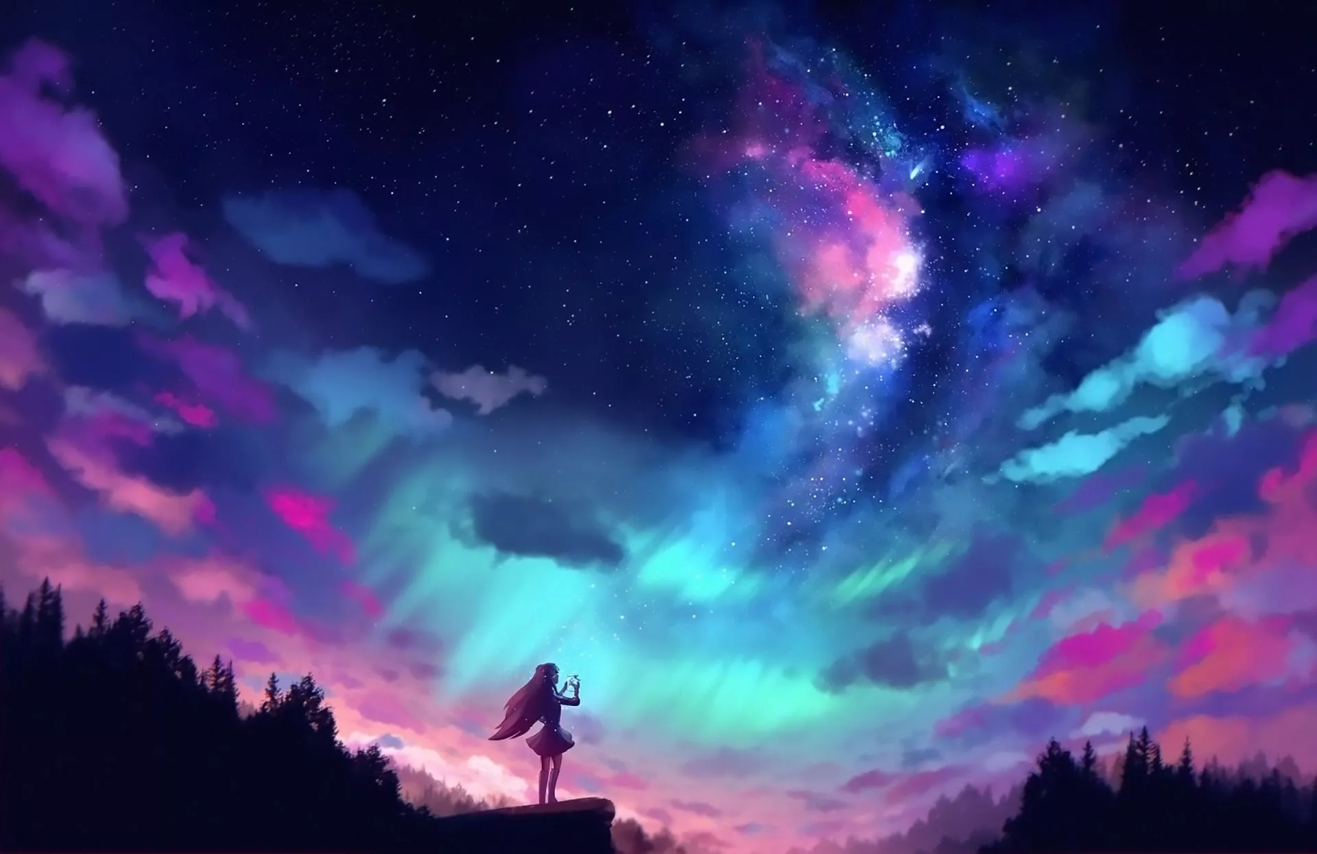 Anime Girl And Colorful Sky Wallpaper