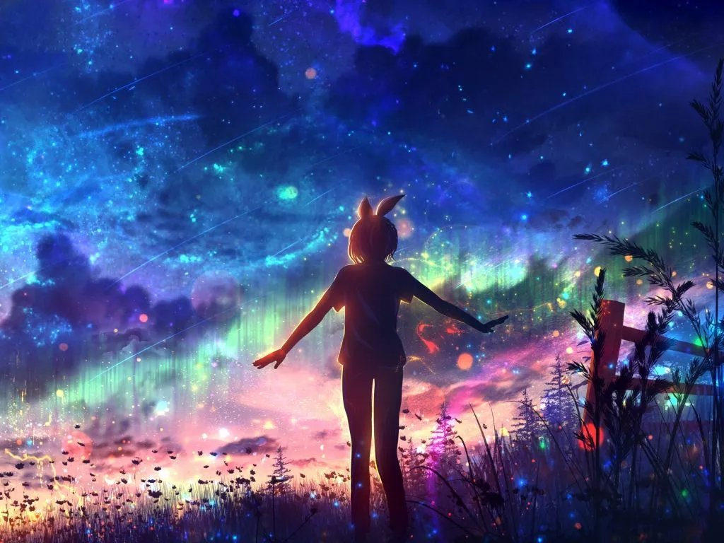 colorful sky, fallen stars, anime art