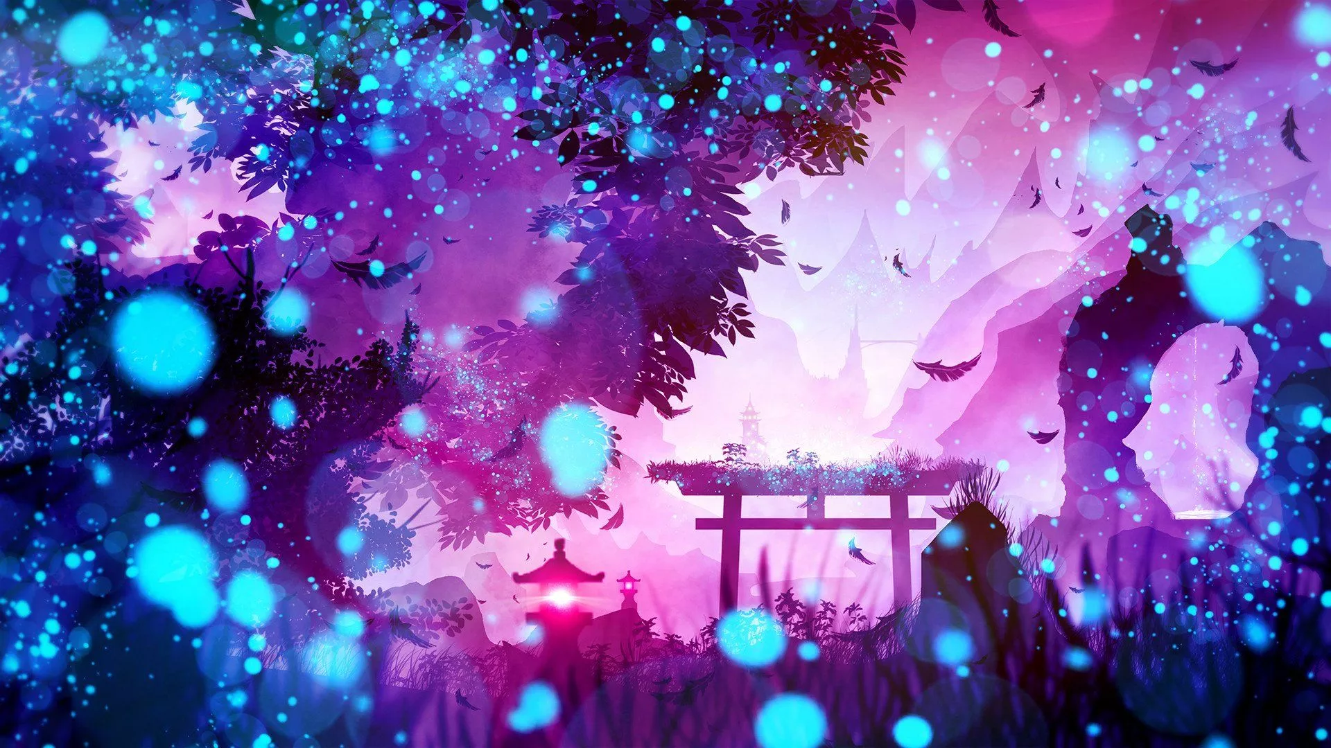 Enchanted Shrine: Mystical Blue Purple Lantern Fantasy Landscape HD Wallpaper By Michal Kváč