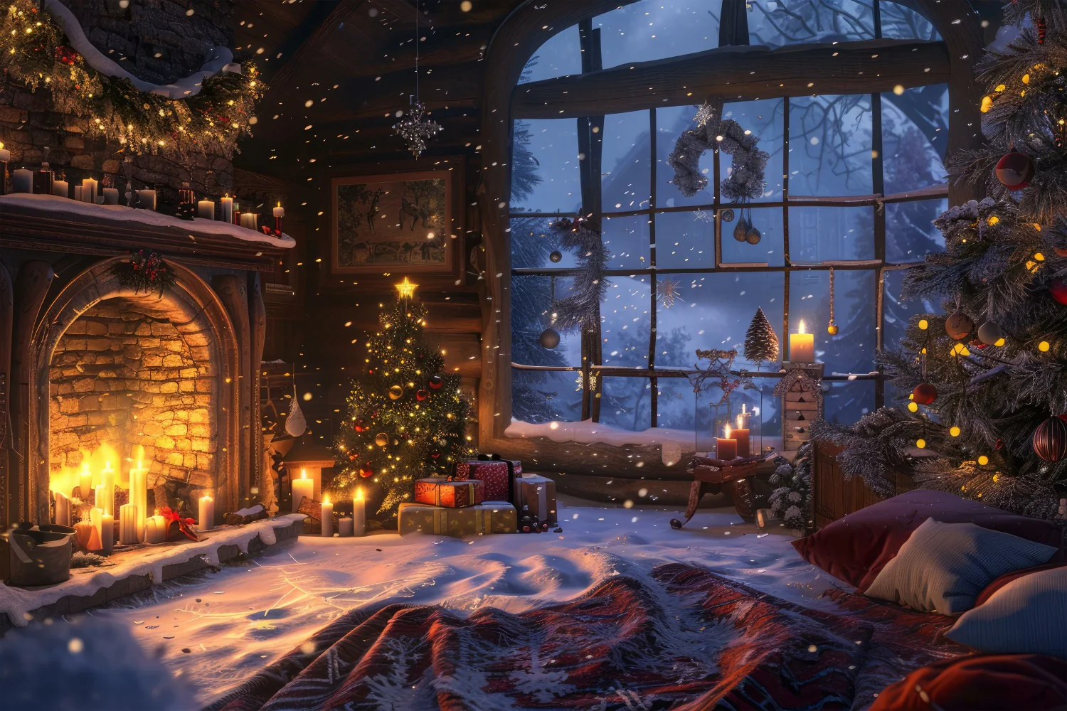 Christmas Fireplace Photo Backdrop Candle Lit Winter Window Backdrop BRP11 213