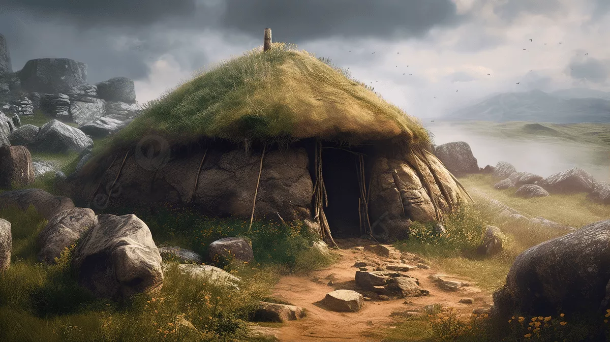 An Old Wooden Hut Covered In Grass Is