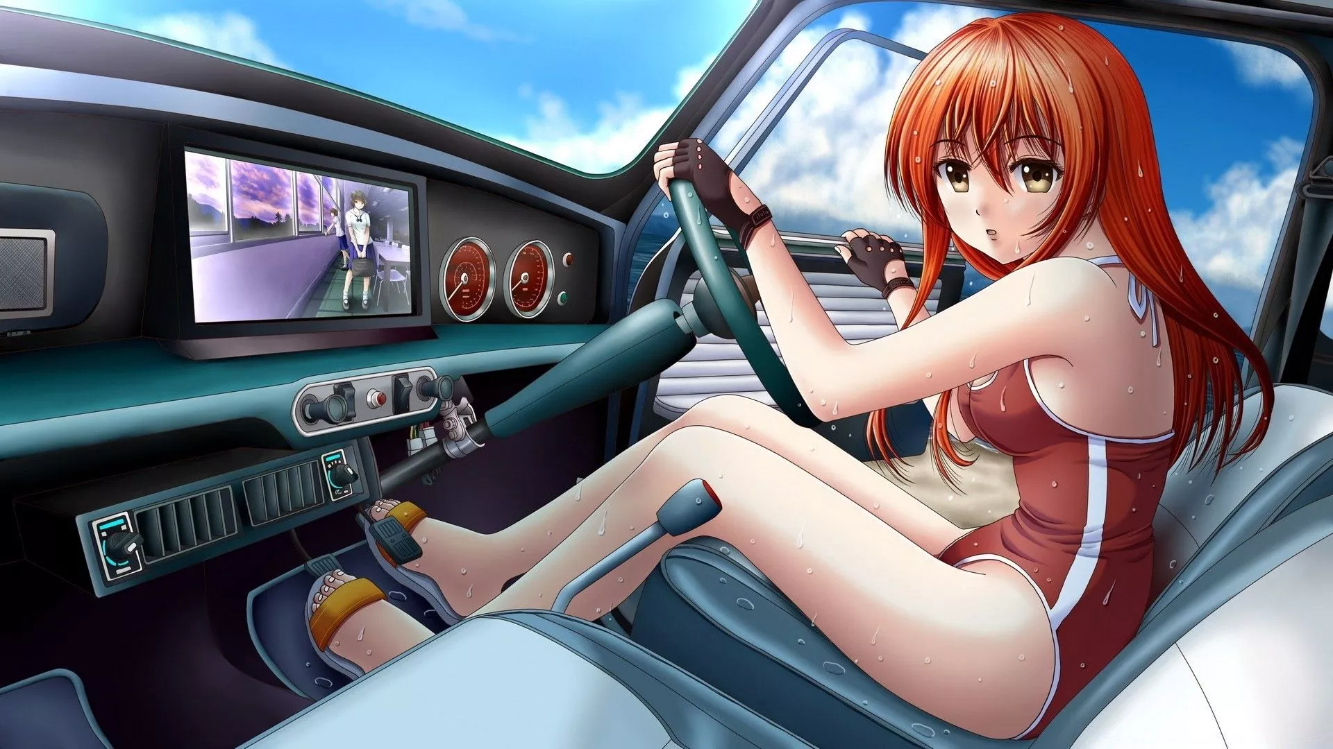 The girl is driving a car