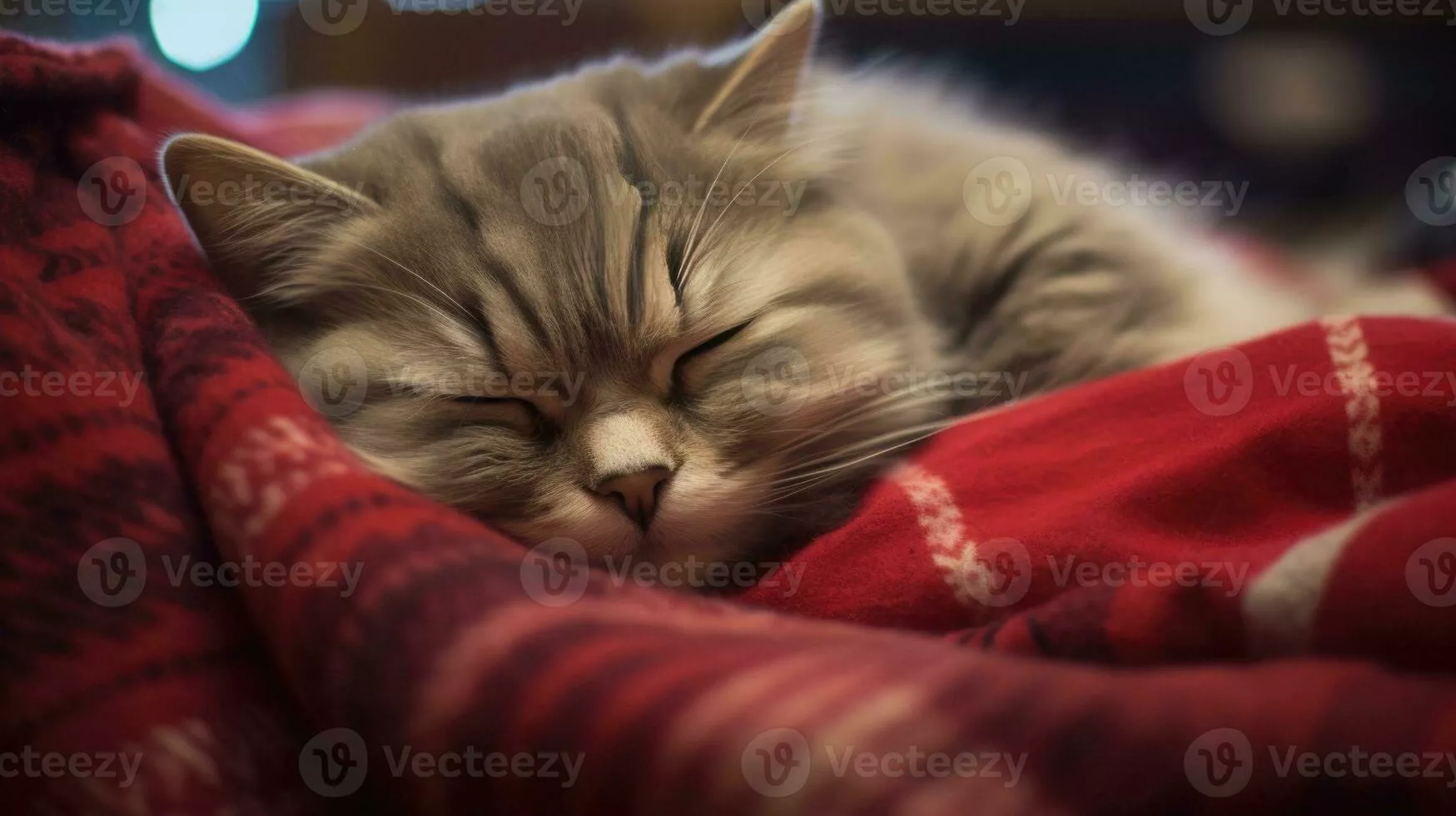 Cute tabby cat sleeping on a red plaid
