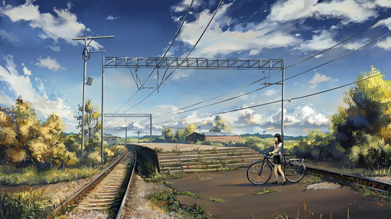 Picture Little girls Bicycle Anime Sky