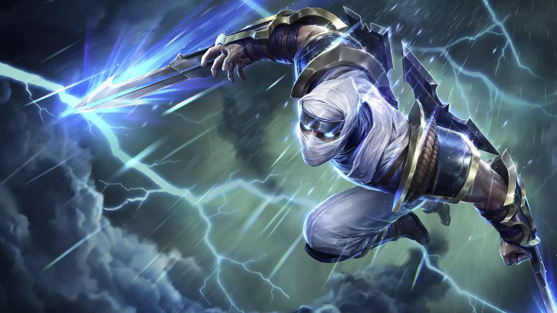 Zed With Sword Lightning Sky Background