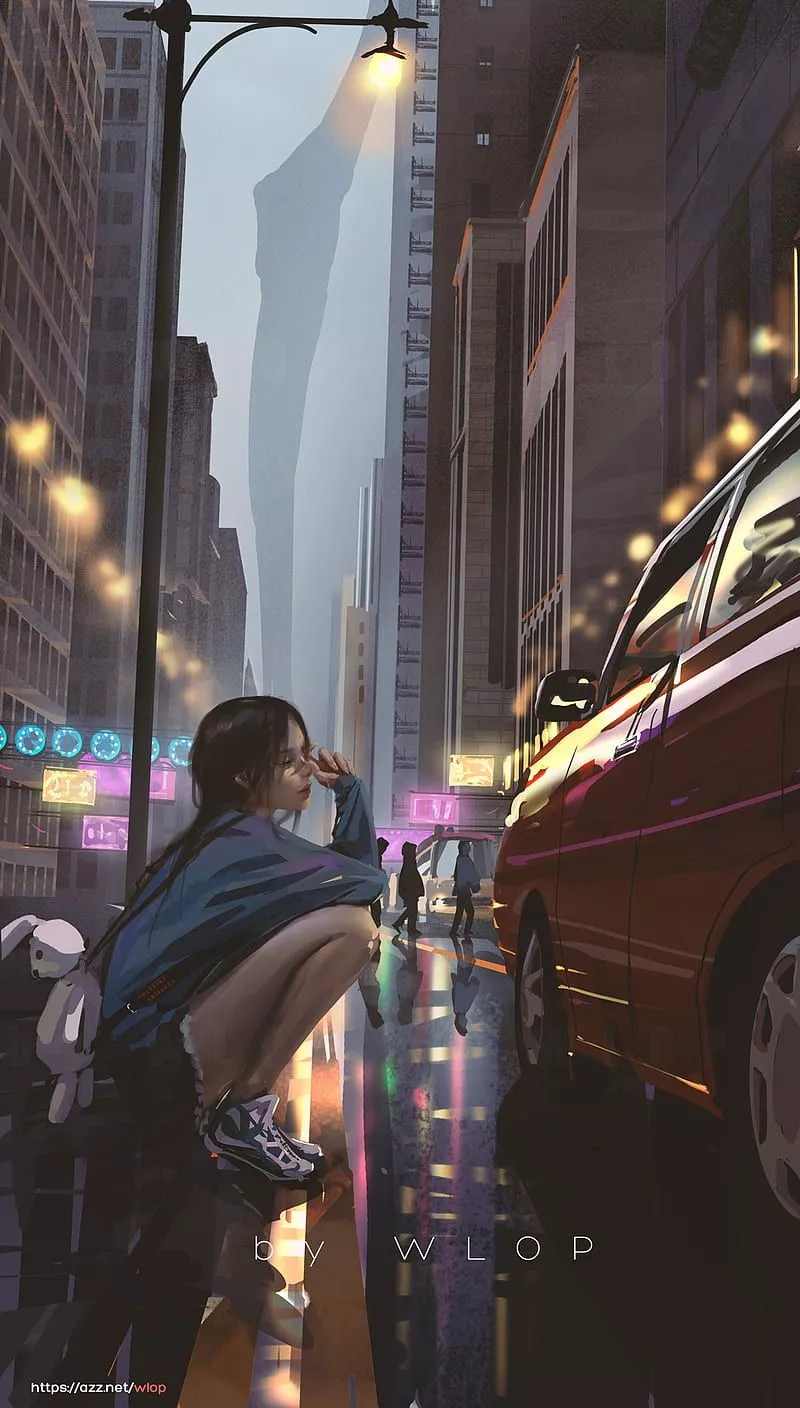 Vertical, anime, anime girls, WLOP, car