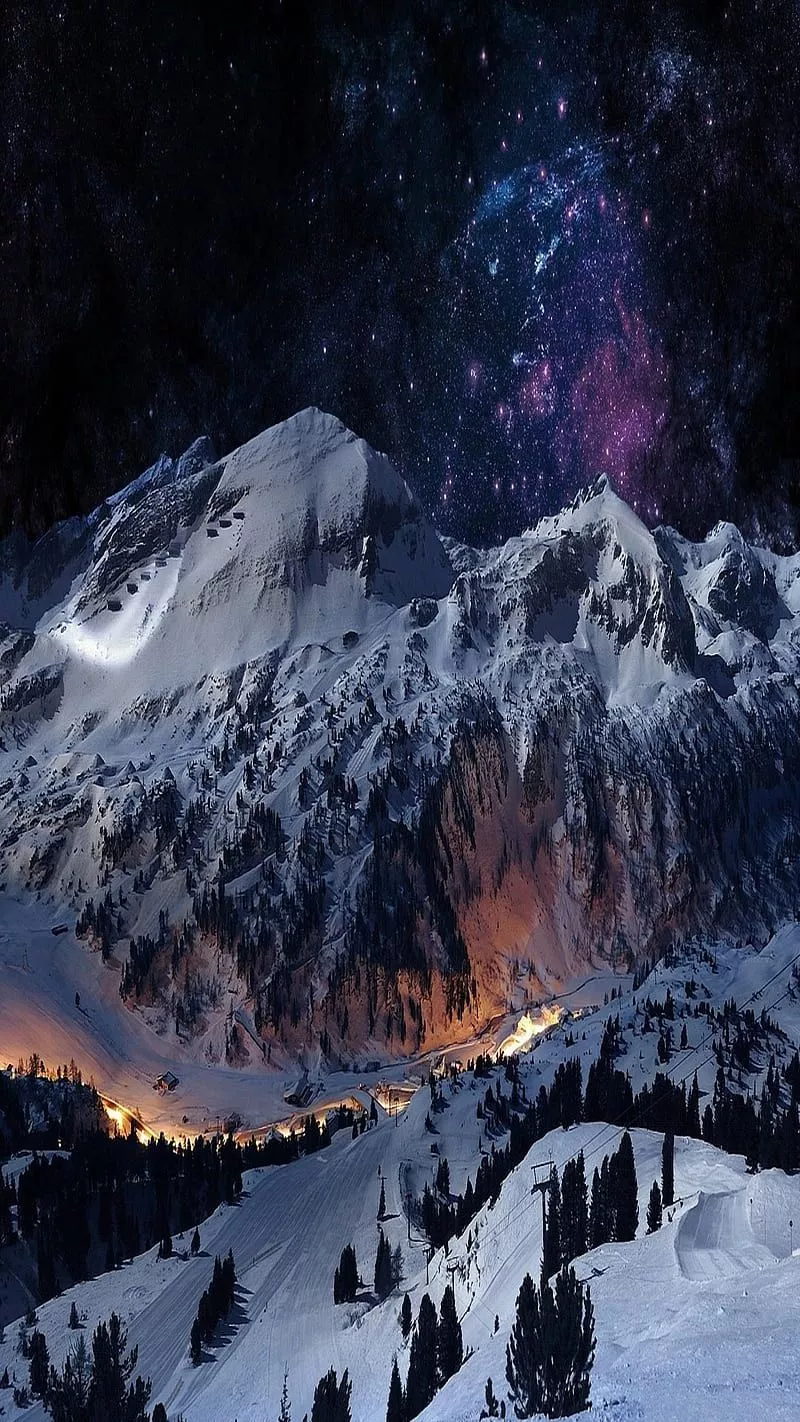 Dark Sky, mountain, snow, stars, trees, HD phone wallpaper