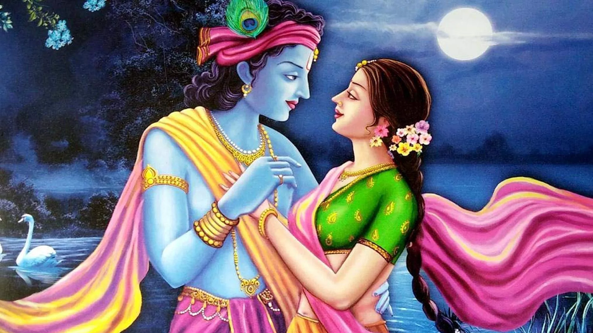 Colorful Radha Krishna Paint Art Moon